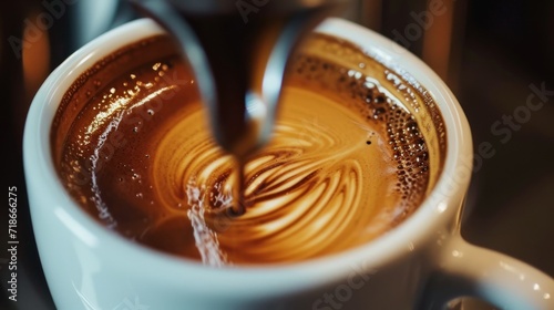 Closeup with a cup of espresso. The process of making coffee.