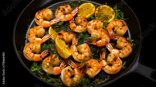 Frying shrimps with lemon in the frying pan