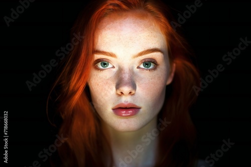 Close-up portrait of beautiful red-haired girl with freckles