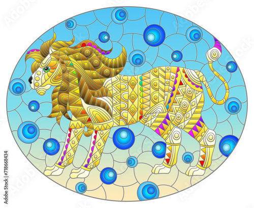 Stained glass illustration with abstract lion, animal on blue background,oval image