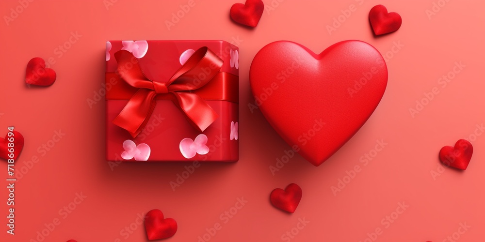 happy valentine's day concept. heart shape gift box on red background. space for text. flat lay. top view. 3d illustration