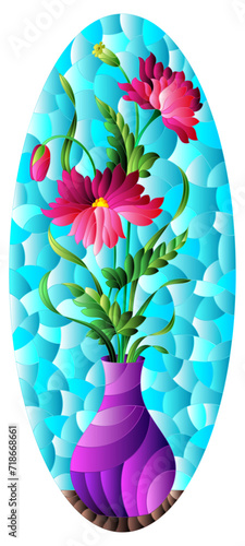Illustration in the style of a stained glass window with a floral still life, a vase with pink  flowers  on a blue background, oval image