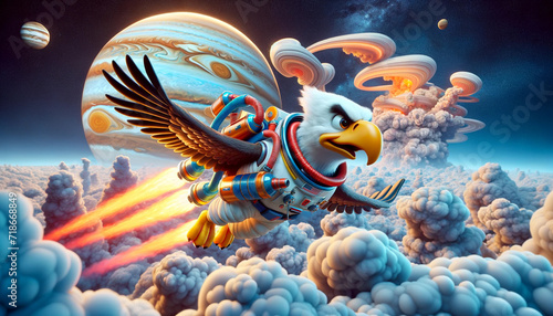 Eagle Astronaut Soaring Through Jupiter s Turbulent Gas Clouds with Jetpacks - A Vivid and Adventurous Cosmic Flight