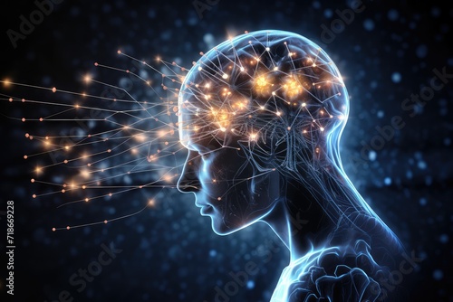 Human brain deep learning memory processes. Long-term memory stores information  short-term memory handles stimuli. Mind processes information through firing of neurons  MRI Scan  Studying and Reading