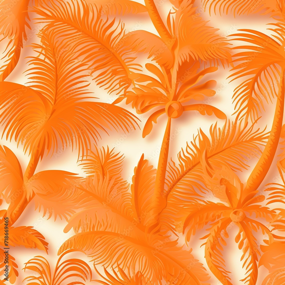 Seamless tropical pattern. Lacy pattern of palm trees on an orange background. Papercut pattern. Generative Ai
