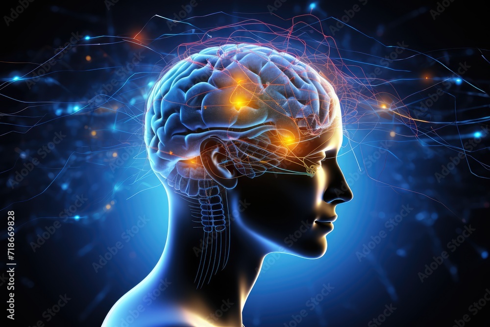 Obraz premium Human brain deep learning memory processes. Long-term memory stores information, short-term memory handles stimuli. Mind processes information through firing of neurons, MRI Scan, Studying and Reading