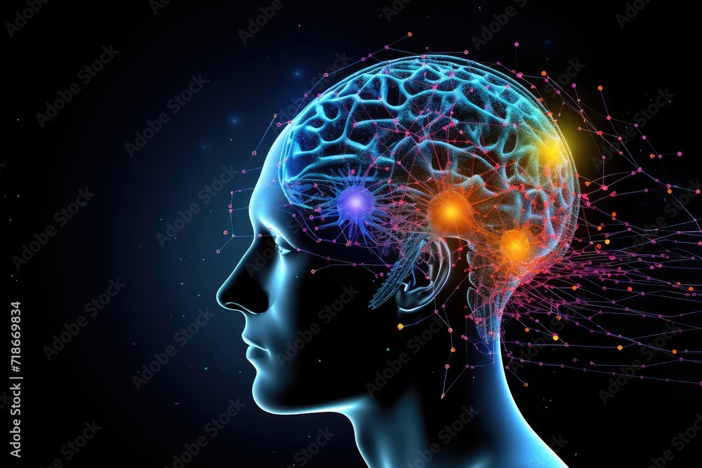 Obraz premium Human brain deep learning memory processes. Long-term memory stores information, short-term memory handles stimuli. Mind processes information through firing of neurons, MRI Scan, Studying and Reading