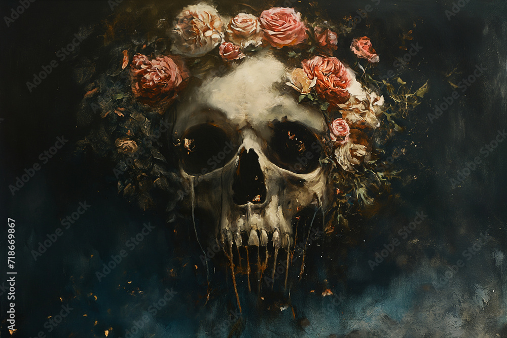 skull and flowers - obrazy, fototapety, plakaty 