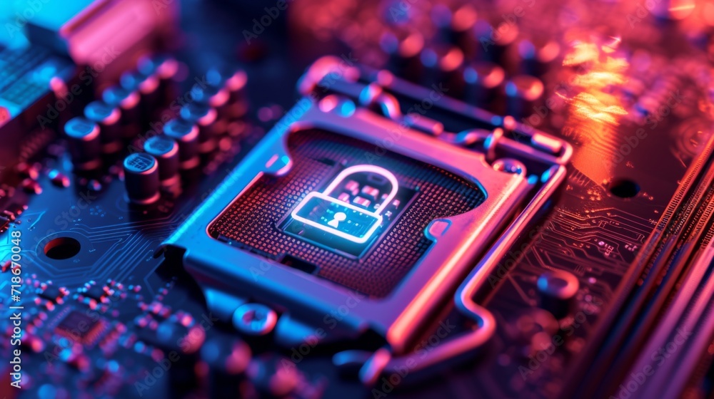 cybersecurity concept with a motherboard closeup, featuring a safety lock and glowing digital login credentials cybersecurity concept with a motherboard closeup, featuring a safety lock and glowing digital login credentials