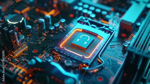 cybersecurity concept with a motherboard closeup, featuring a safety lock and glowing digital login credentials