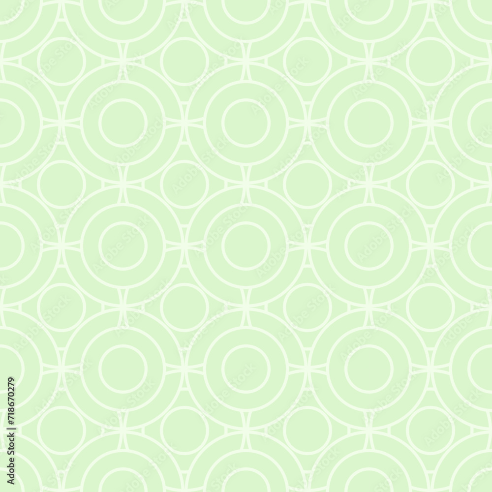Green seamless background with circles and arcs, texture pattern for wallpaper and textile. Natural summer mosaic pattern of geometric shapes in trendy style.