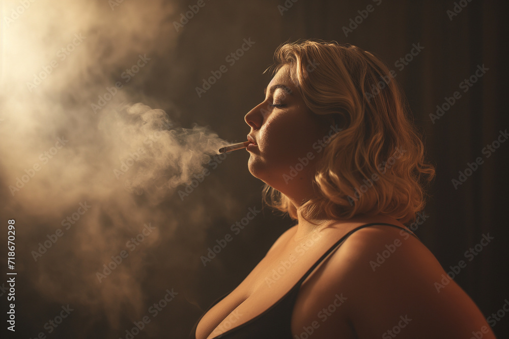 a fat woman smokes a cigarette - obrazy, fototapety, plakaty 