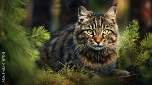 Wild cat in a pine forest