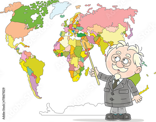 Funny elderly school teacher pointing to countries on a political World map and talking about them for schoolchildren in a class, vector cartoon illustration on white
