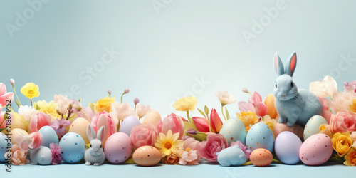 Easter poster and banner template with beautiful Easter multi-colored eggs,Easter bunny and flowers.Promotion and shopping template for Easter. Beautiful easter promotion banner.Copy space for text photo