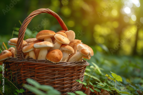 Basket of mushrooms in sunlit forest
