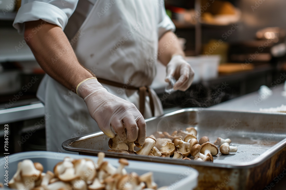 Chef preparing mushrooms in kitchen