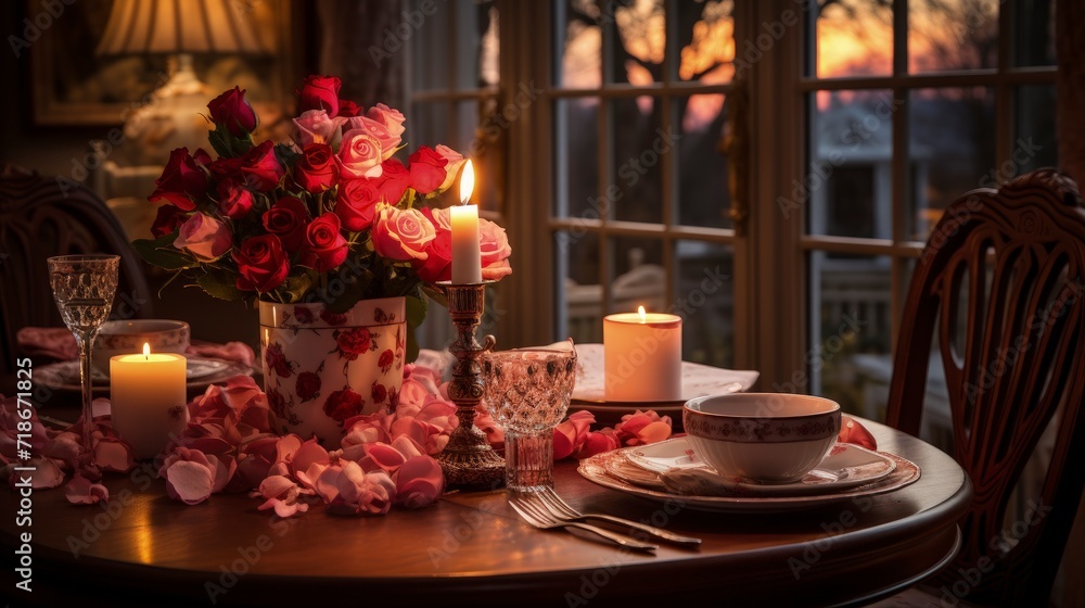 Elegant Valentine's Day Dinner for Two: Romantic Candlelit Evening with Roses, Wine, and Sweet Delicacies - Ai Generated