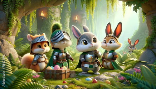 Adventurous Animal Knights Hunting for Easter Eggs in a Enchanted Forest