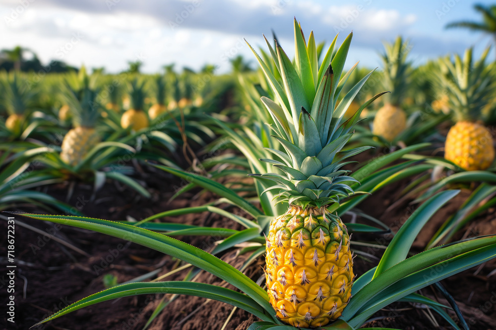 Ripe pineapple in field