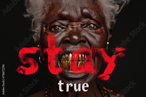 A black old woman with gold teeth and the inscription stay true photo