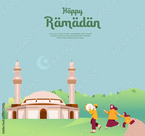 Happy ramadan, mother and daughter go to the mosque to pray illustration