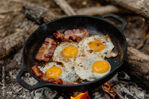 fried eggs with bacon over a campfire