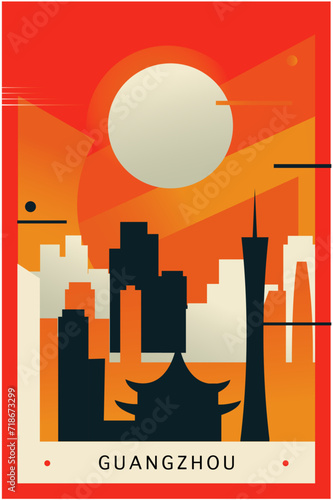 Guangzhou city brutalism poster with abstract skyline, cityscape retro vector illustration. China megapolis travel front cover, brochure, flyer, leaflet, business presentation template image