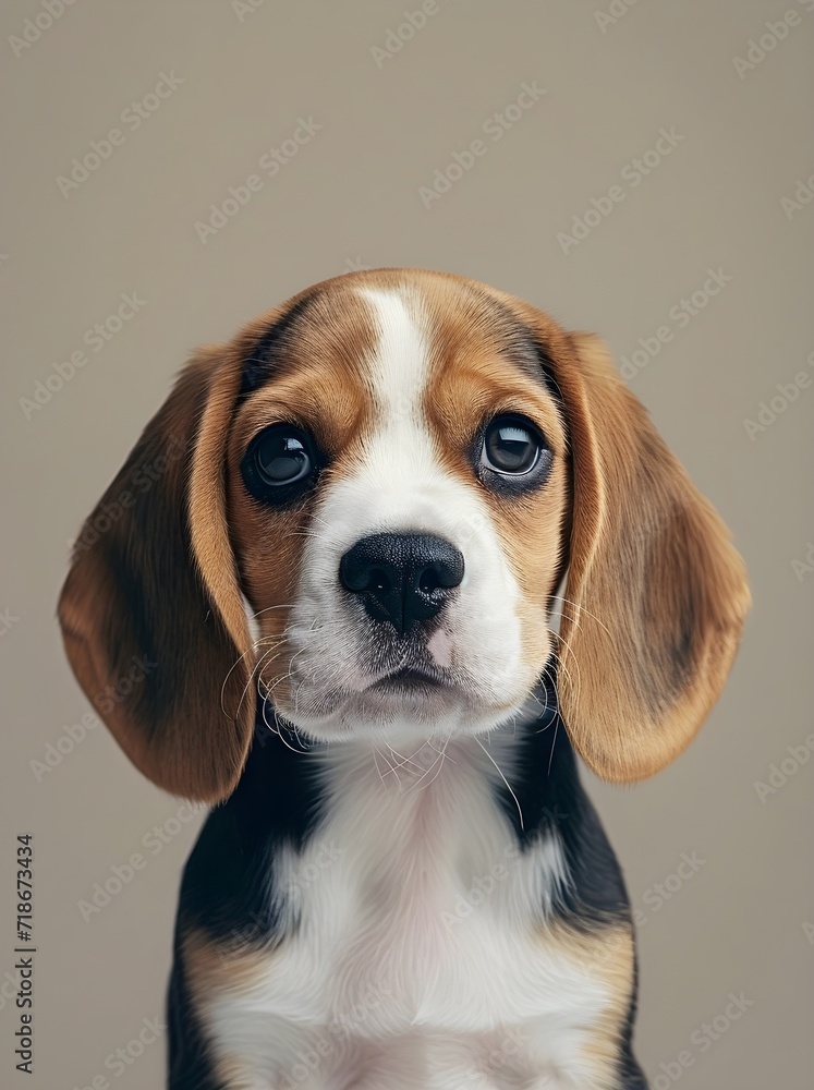 image of beagle puppy on a grey background with a big blue eye