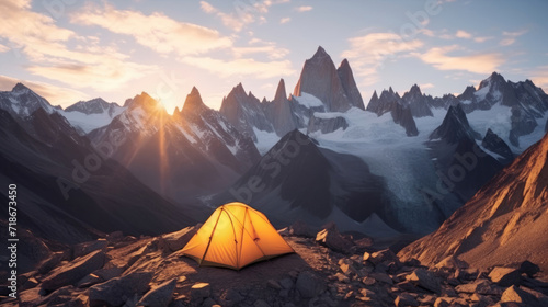 A campsite against a panoramic mountain background at sunrise © Thanos
