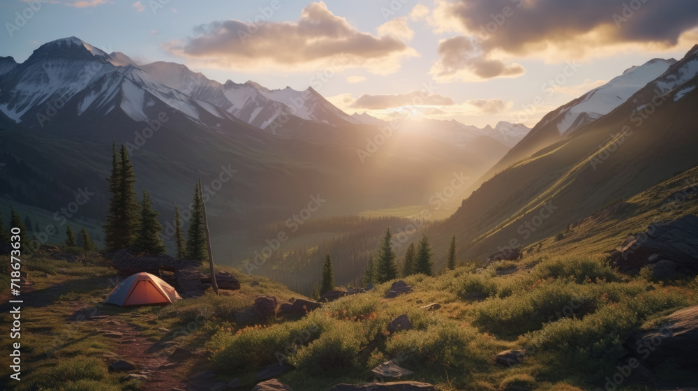 A campsite against a panoramic mountain background at sunrise - obrazy, fototapety, plakaty 