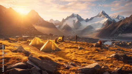 A campsite against a panoramic mountain background at sunrise © Thanos
