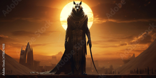 Anubis the Egyptian god of death in a sun sit background photo