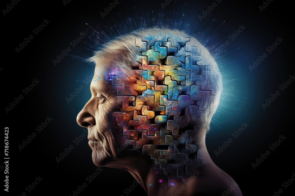 Obraz premium Brain puzzle, thinker person, intellectual challenges and puzzles for cognitive engagement and brain health, brain structure, memory puzzle neurons, mindful logic, brain strategy vision and consulting
