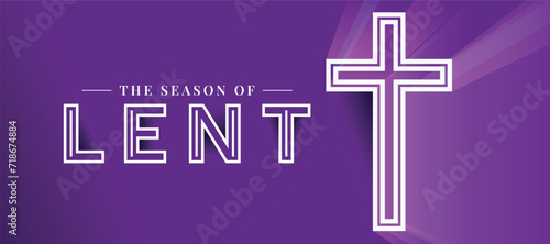 The season of LENT - White text and white dubble line cross crucifix with flash of light on purple background vector design
 photo