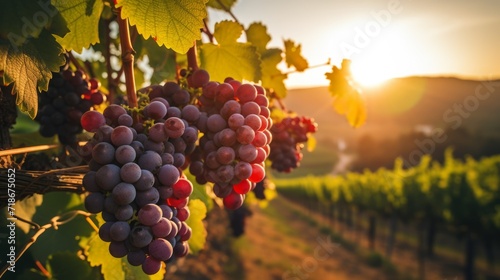 Close-up of ripe delicious grapes in a grape plantation at sunset. Harvest, Winemaking, Agriculture, Farming concepts. photo