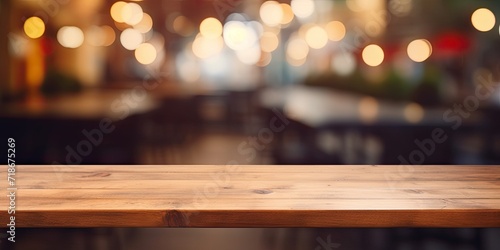 Blurry restaurant interior background with empty wooden table top - perfect for product display or montage.