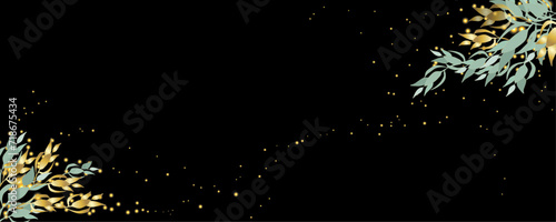 Vector art deco luxury flower, leaves, gold shine line art background. Golden botany banner. Japanese style Hand drawn vector. Line art style design. Hand drawn florals for packaging,coveand wall arts