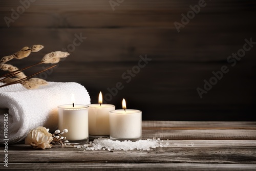 A burning candle in front of a wooden wall with a white towel beside it. generative AI
