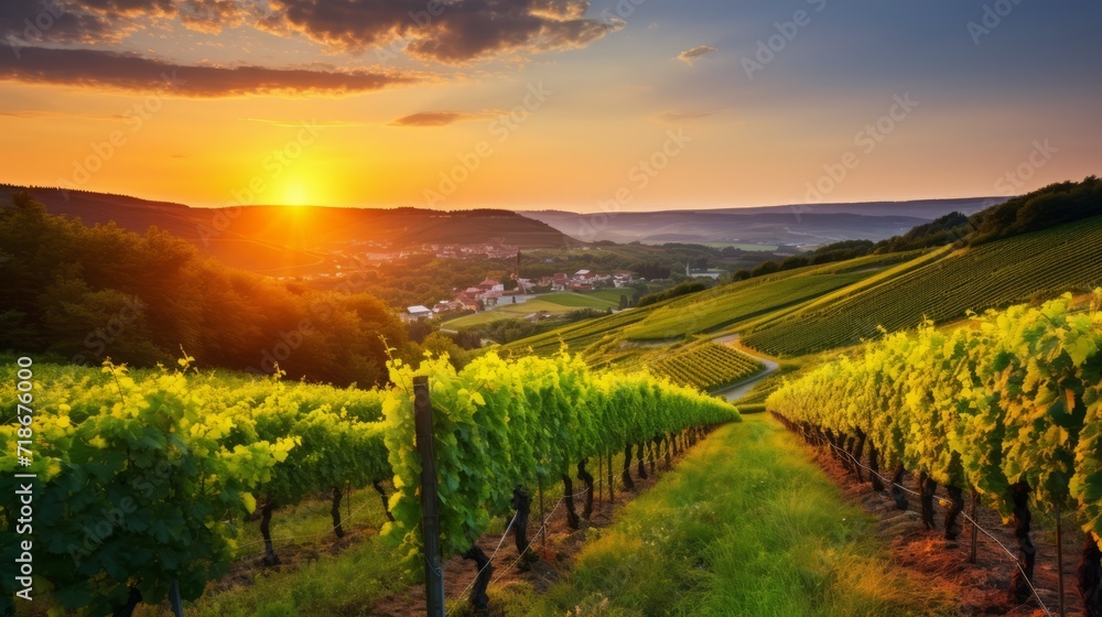Beautiful Landscape with autumn vineyards at sunset. Harvest, Winemaking, Agriculture, Farming concepts.