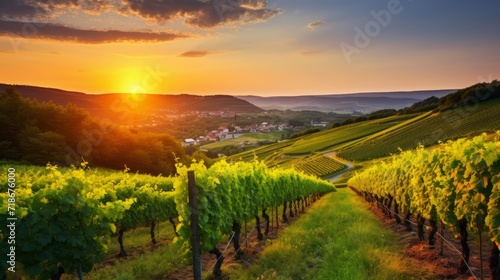 Beautiful Landscape with autumn vineyards at sunset. Harvest, Winemaking, Agriculture, Farming concepts.