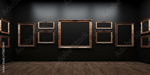 Art fair gallery featuring antique frames on a black wall, with blank white space for mockup design.