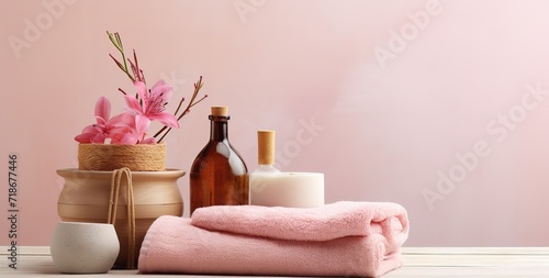 A stack of pink towels decorated with orchids. generative AI