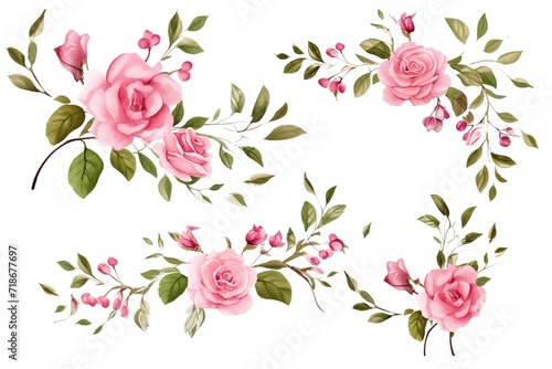 Set of small floral corner arrangements with pink rose flowers and green leaves isolated on white background. Generative Ai photo