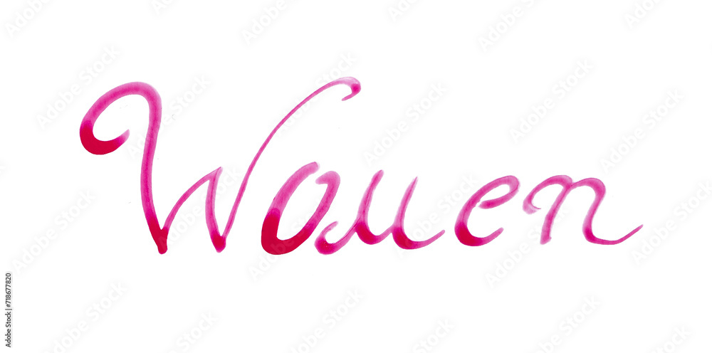 The word Woman in red and pink on a white background. Gradient from dark to light. Calligraphy. Rounded lines. Italic font. Written by hand. Lettering.