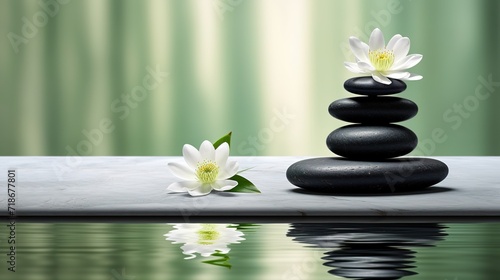 Stack of Black colored zen stones next to clear water with blur background. generative AI