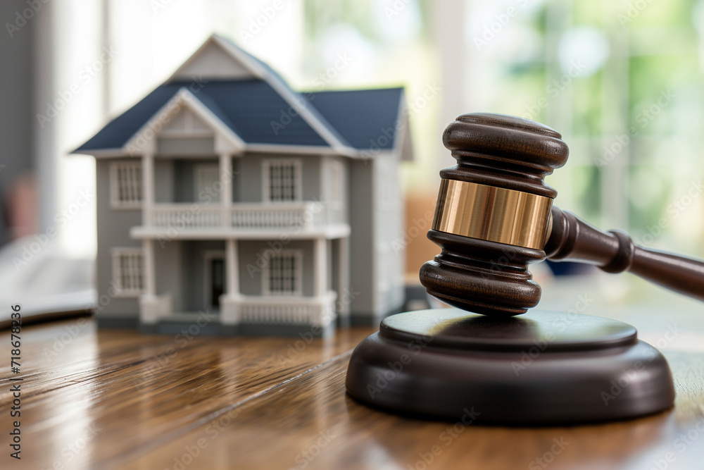 a judge's hammer on the background of a house, a real estate auction or a court case a judge's hammer on the background of a house, a real estate auction or a court case