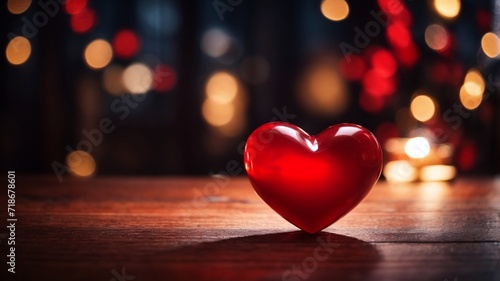 	
Volumetric red heart on a wooden table bokeh background Valentines Day concept Love and Romance