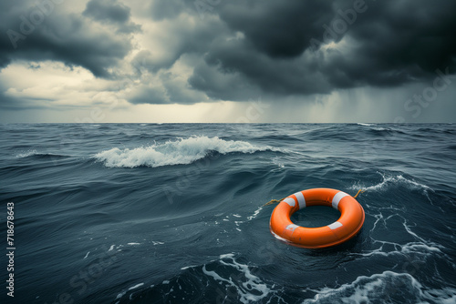 An orange lifebuoy in a stormy sea