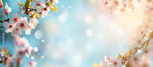 桜の花と青い空。薄いピンクの花びら。バナー背景、ソフトフォーカス photo